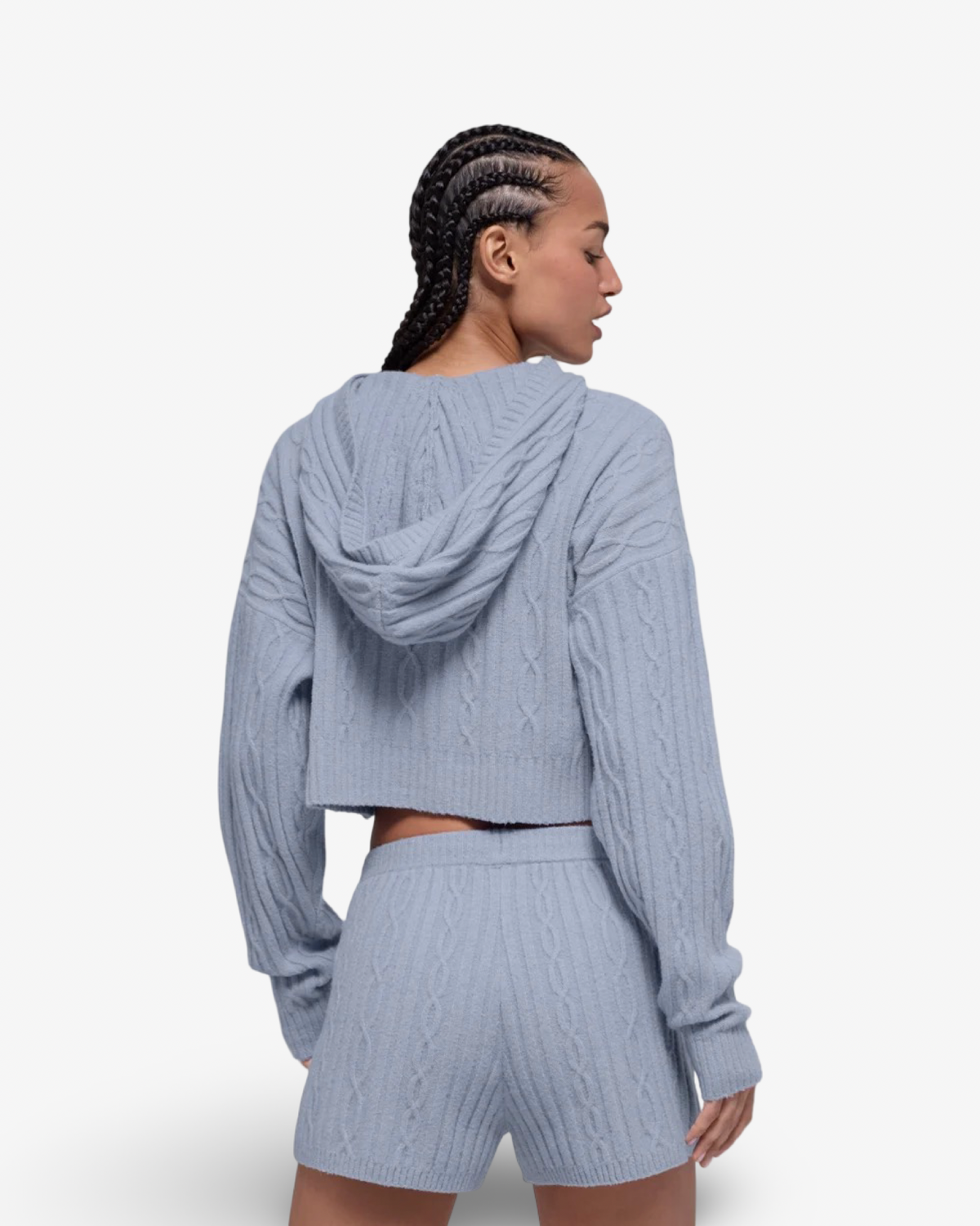 ALO CABLE KNIT WINTER BLISS HOODIE IN WINTER FROST