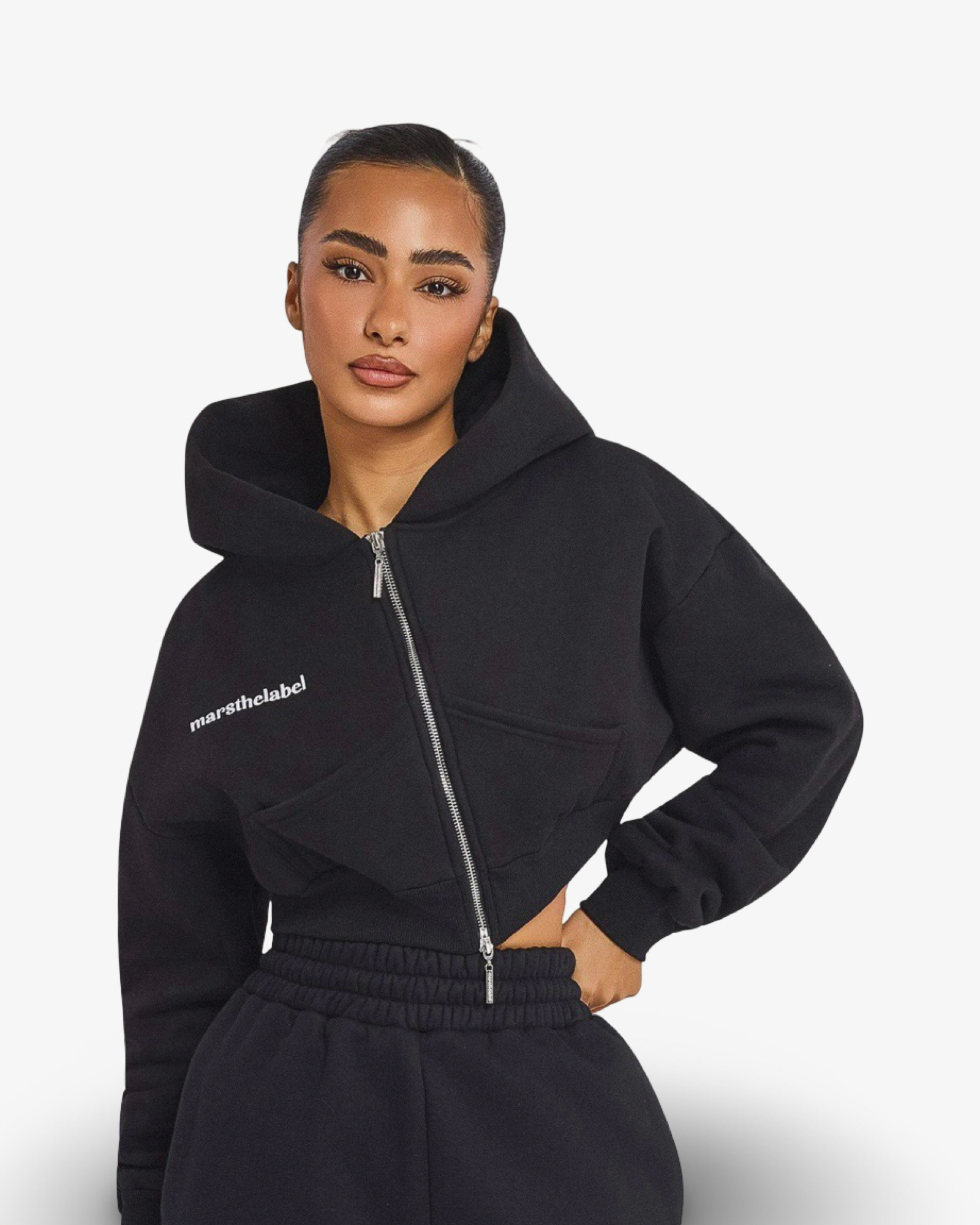 MARS THE LABEL CLASSIC CROPPED ZIP HOODIE - BLACK