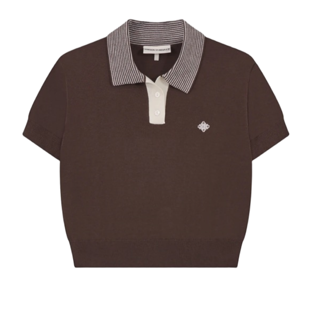 THE COUTURE CLUB LONG SLEEVE KNITTED COLLAR POLO TOP BROWN