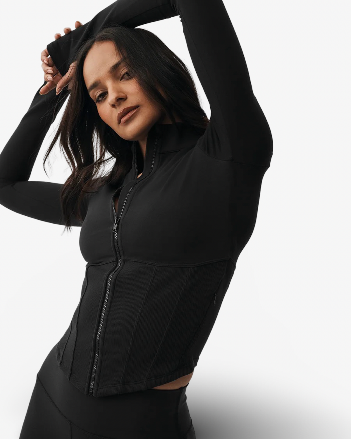 ALO AIRBRUSH FULL ZIP CORSET JACKET AND LEGGINGS SET IN BLACK