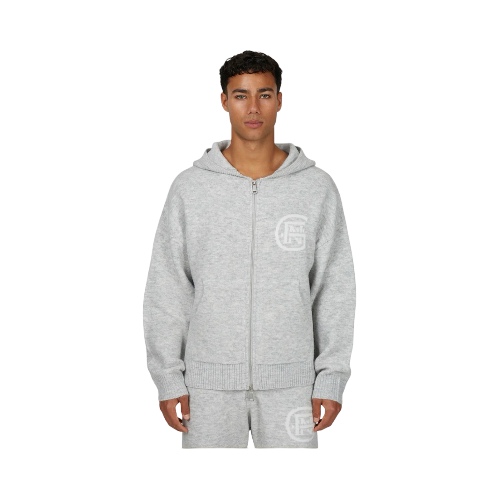 GFN MONOGRAM FLUFFY GREY MARL ZIP HOODIE