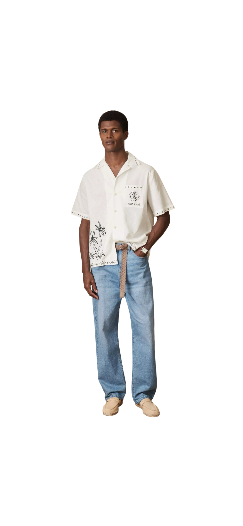 REISS x CHÉ GALERA LINEN REGUALR FIT SKETCH PALM PRINT SHIRT WHITE