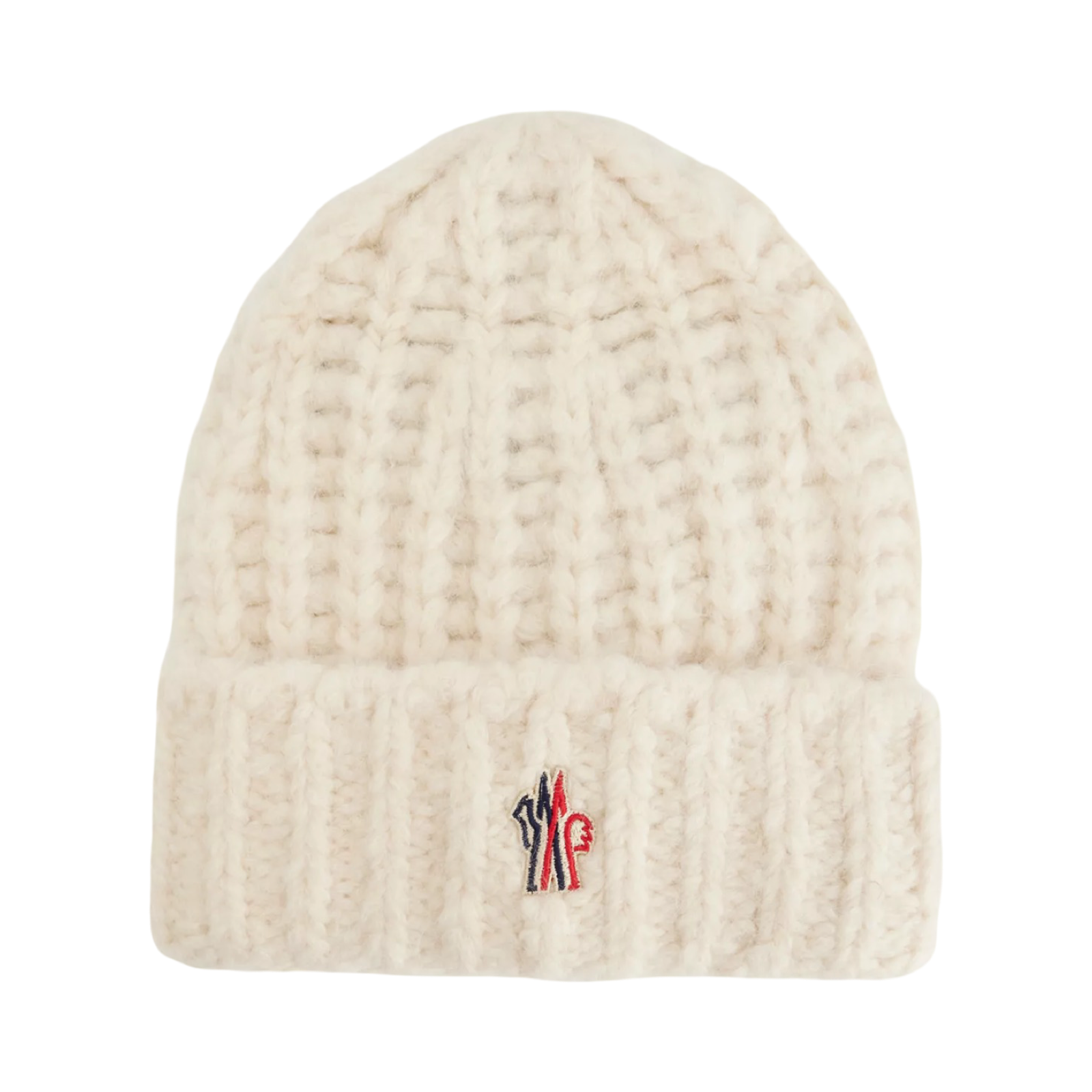 MONCLER LOGO-PATCH CABLE KNIT BEANIE HAT NATURAL