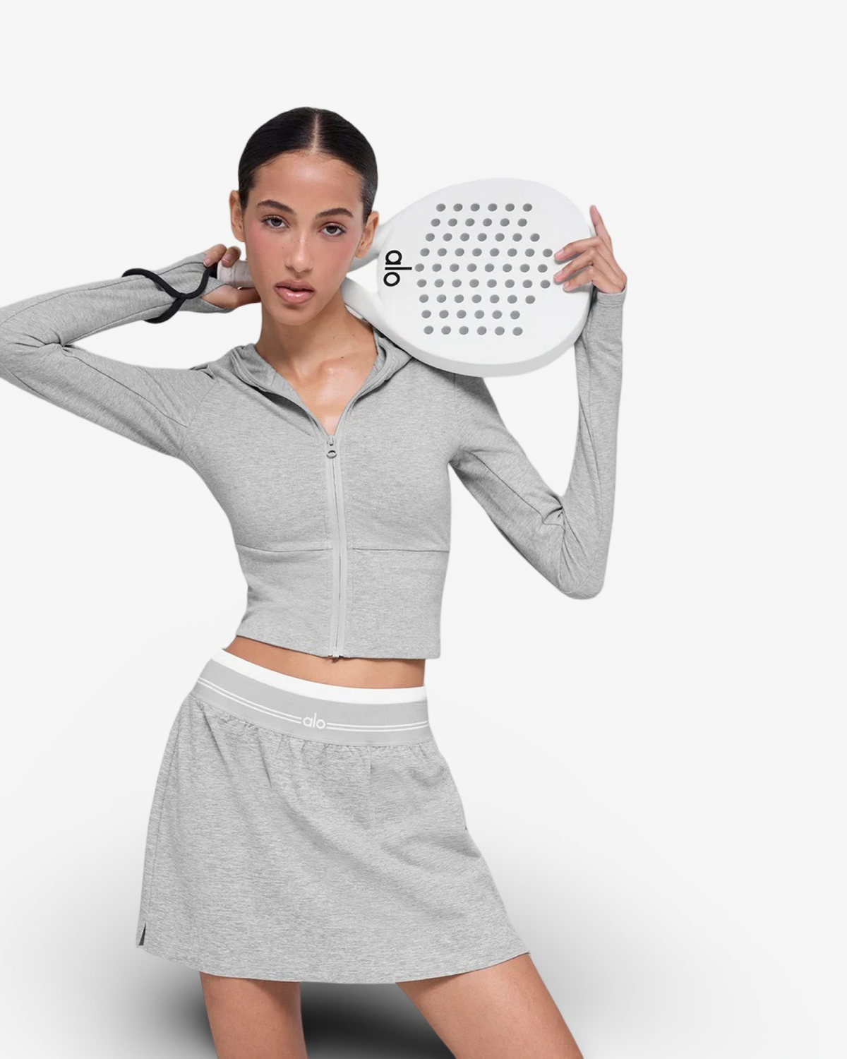 ALO SWAY BOOTCUT SWEATPANT & FULL ZIP UP HOODIE SET IN ATHLETIC HEATHER GREY