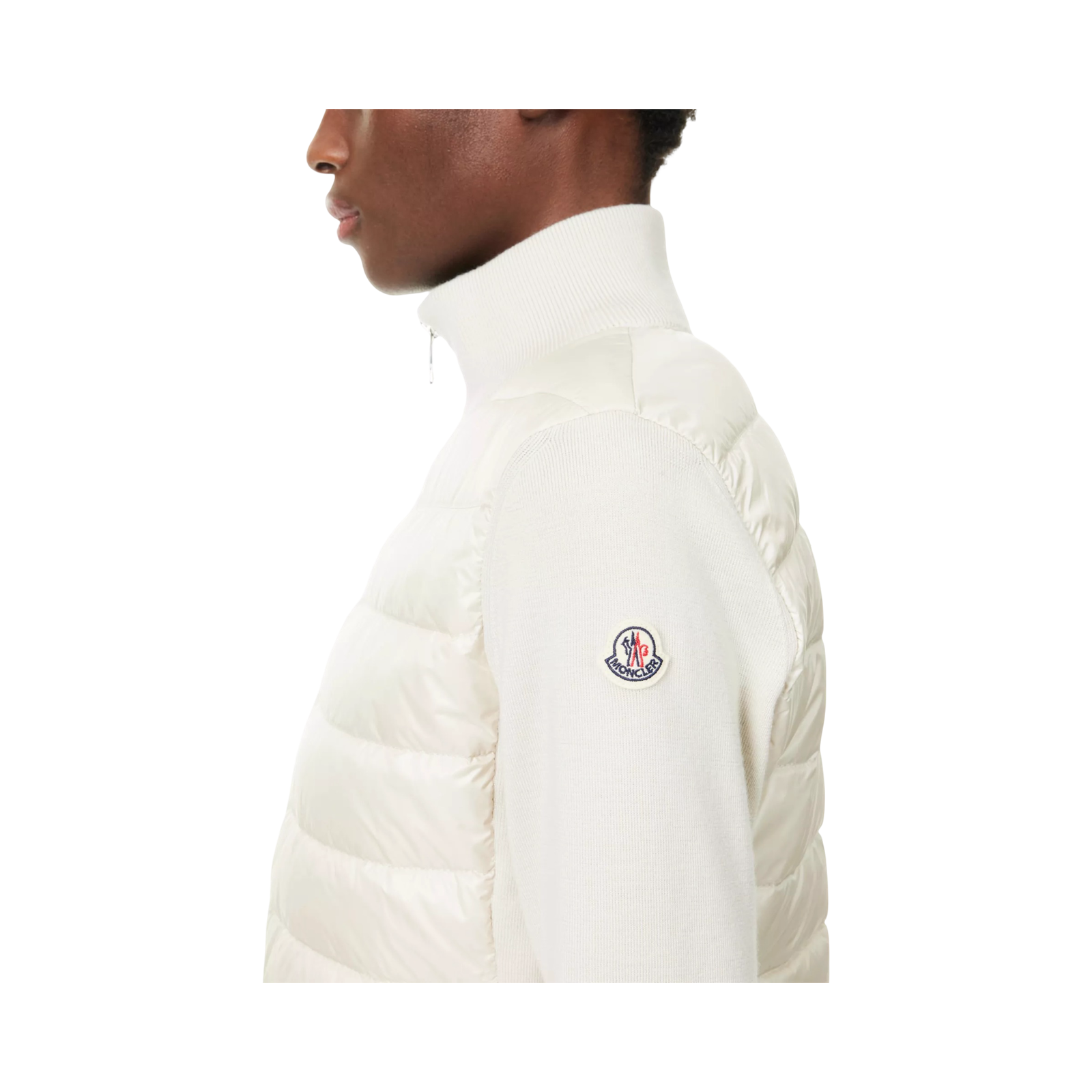 MONCLER LOGO-BADGE PADDED ZIP WOOL AND NYLON CARDIGAN LIGHT BEIGE