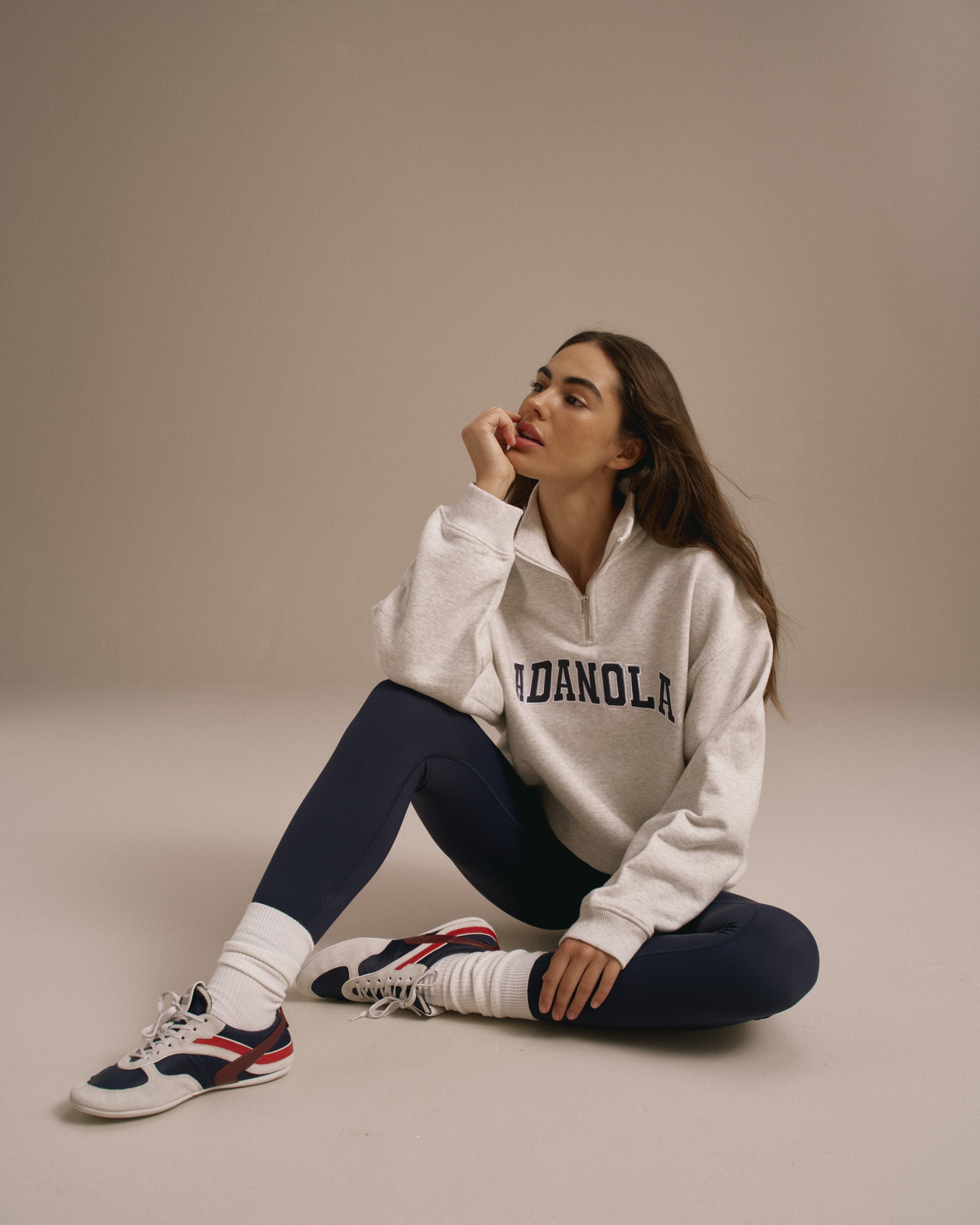 Adanola Varsity Relaxed Funnel Neck Zip Sweatshirt - Light Grey Melange/Navy Blue