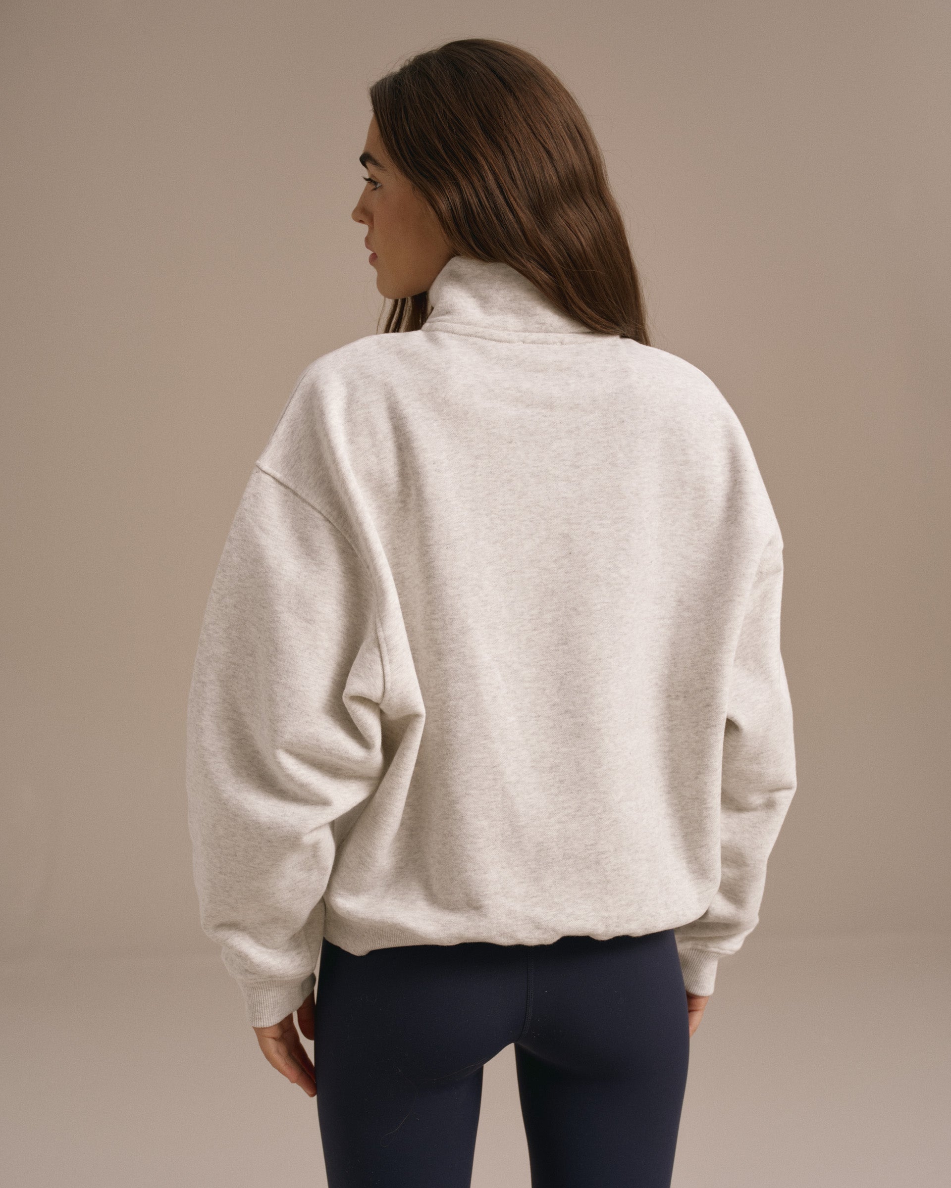 Adanola Varsity Relaxed Funnel Neck Zip Sweatshirt - Light Grey Melange/Navy Blue