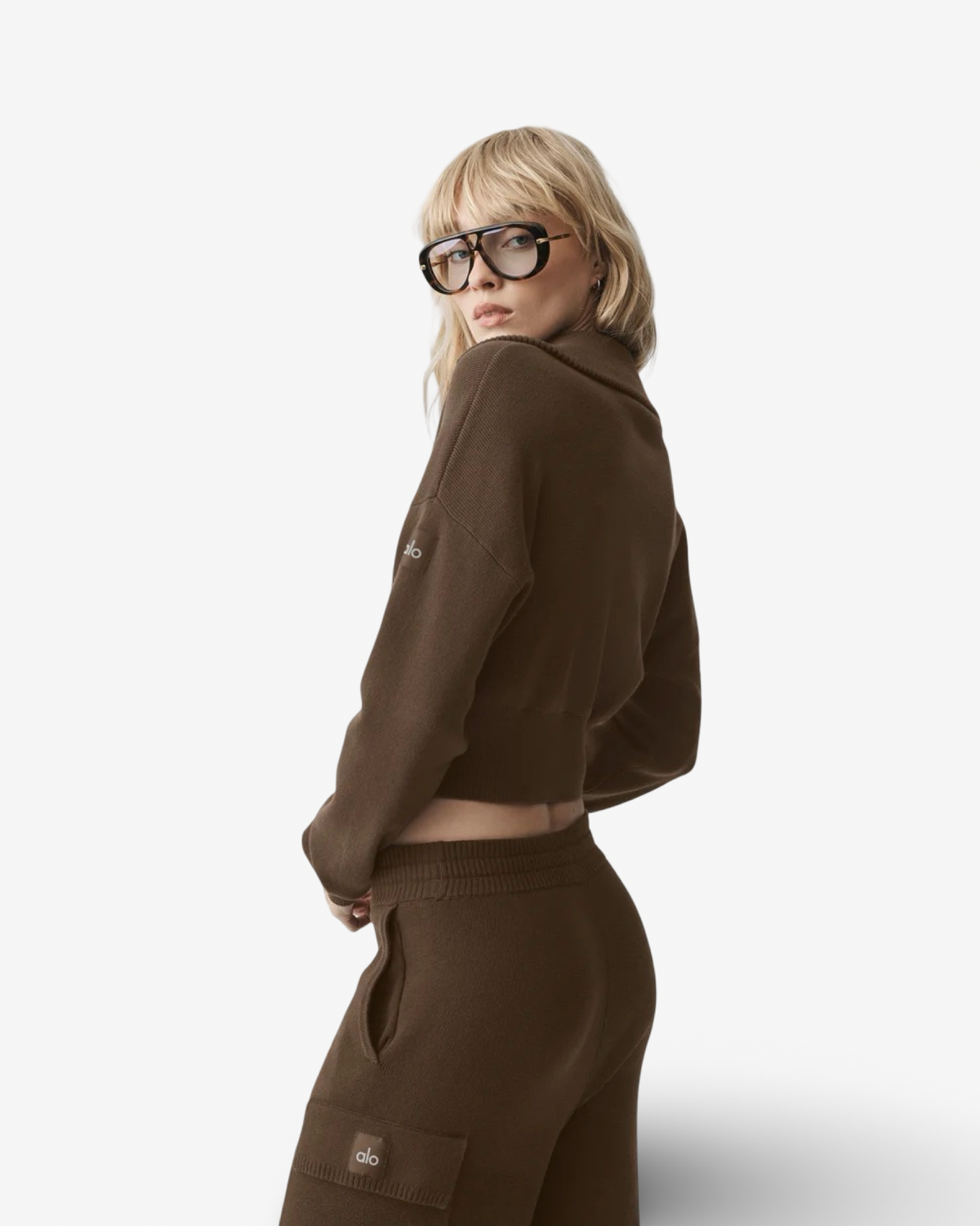 ALO SCHOLAR KNIT CROPPED FULL ZIP JACKET IN ESPRESSO