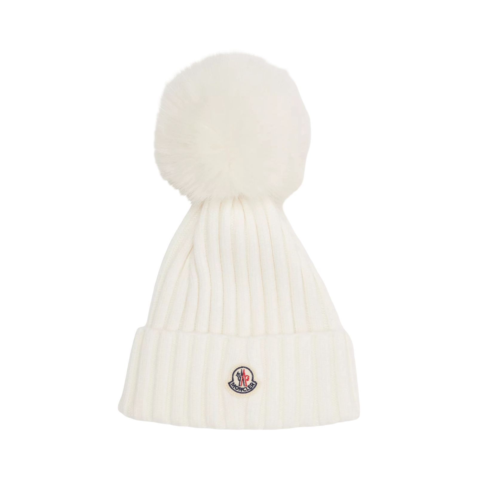 MONCLER LOGO-PATCH RIBBED-KNIT BEANIE HAT NATURAL