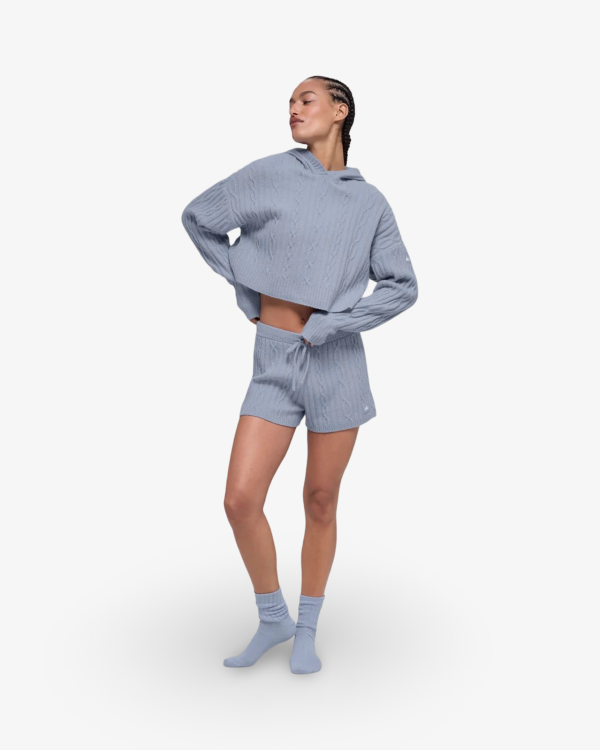 ALO CABLE KNIT WINTER BLISS HOODIE IN WINTER FROST