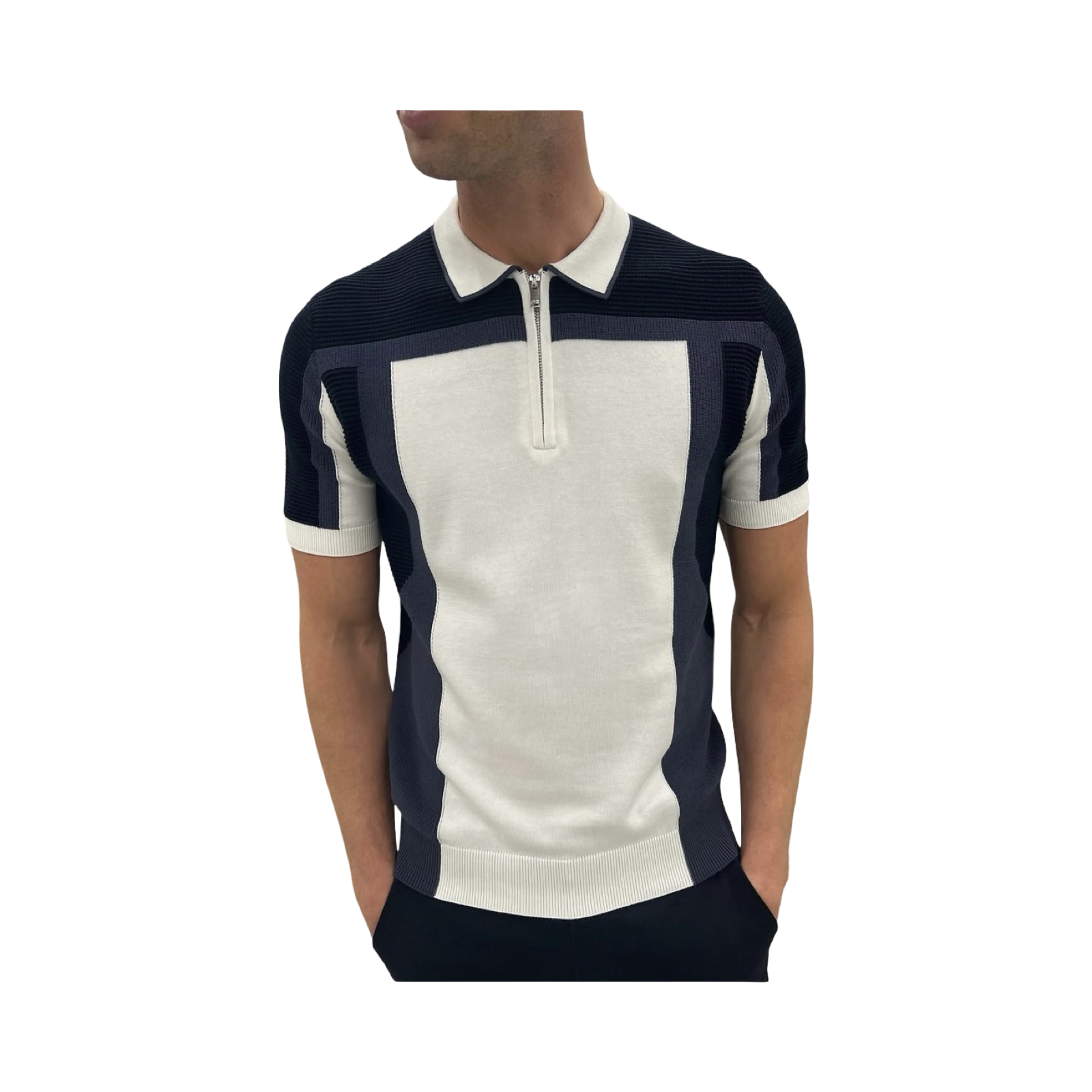 ARNE BLOCK KNITTED ZIP POLO SHIRT NAVY