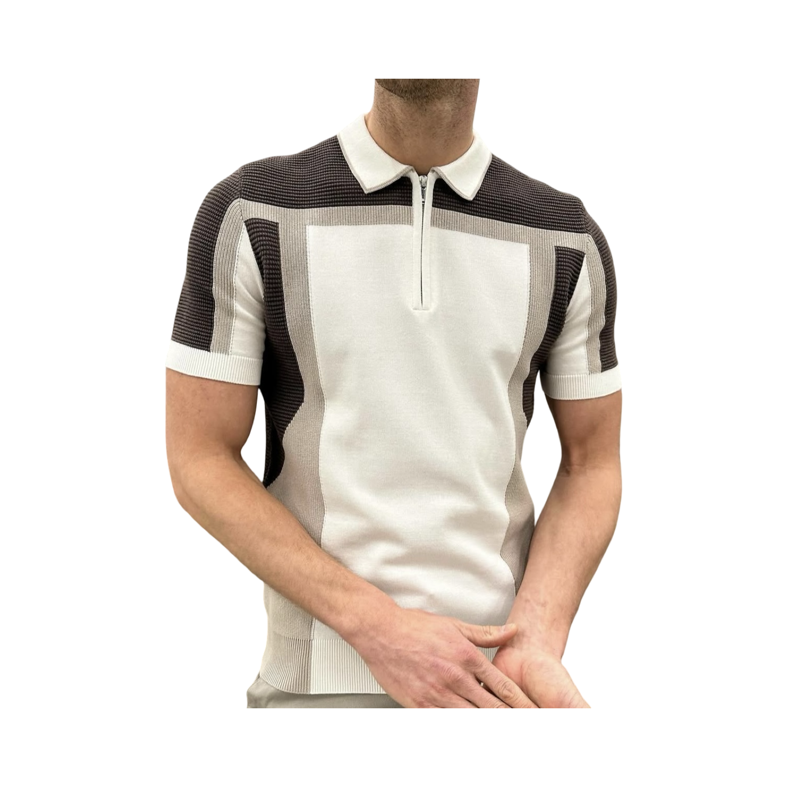 ARNE BLOCK KNITTED ZIP POLO SHIRT BROWN