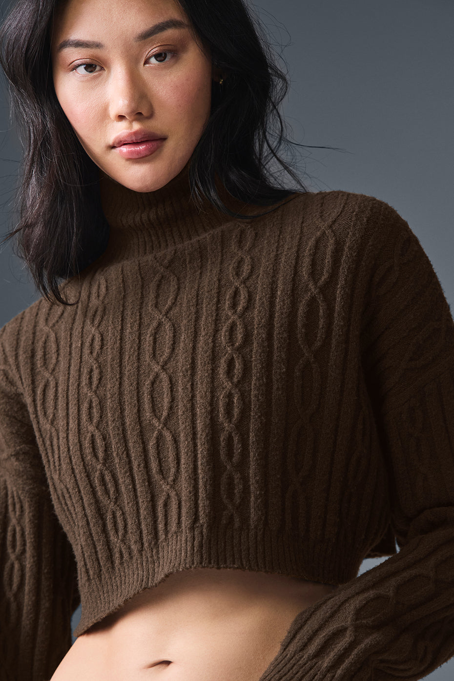 Alo Cable Knit Cropped Winter Bliss Turtleneck Long Sleeve - Espresso
