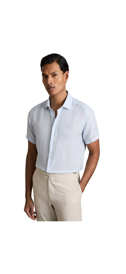 REISS HOLIDAY LINEN REGULAR FIT SHIRT THIME GREEN PALE BLUE