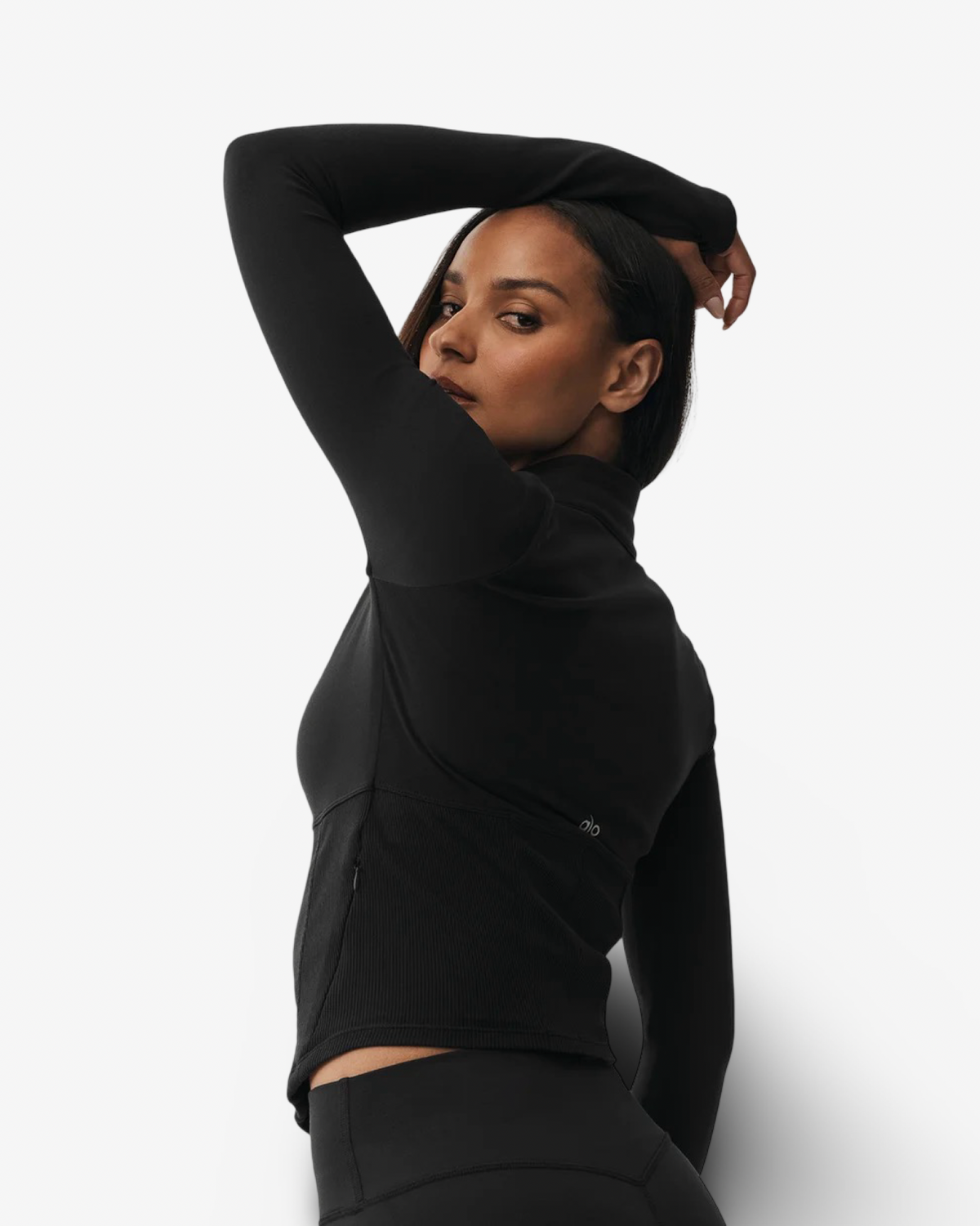 ALO AIRBRUSH FULL ZIP CORSET JACKET AND LEGGINGS SET IN BLACK