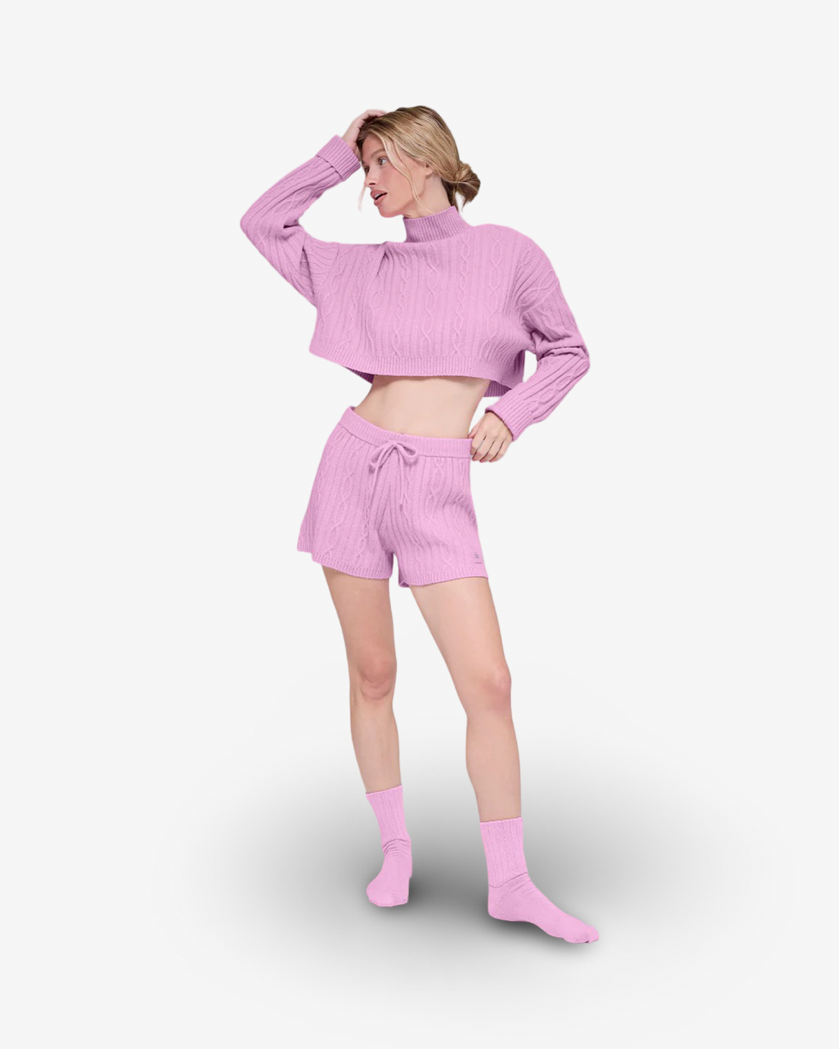 ALO CABLE KNIT WINTER BLISS SET IN CANDY HEART PINK