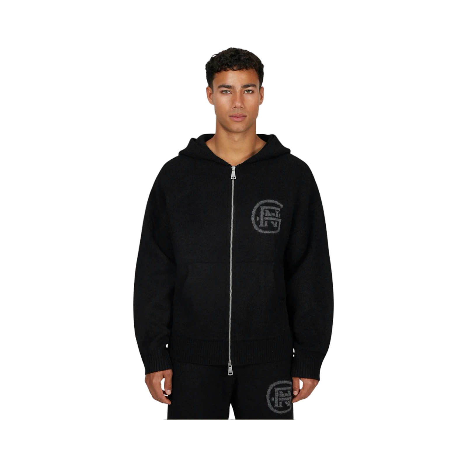 GFN MONOGRAM FLUFFY KNIT BLACK ZIP HOODIE
