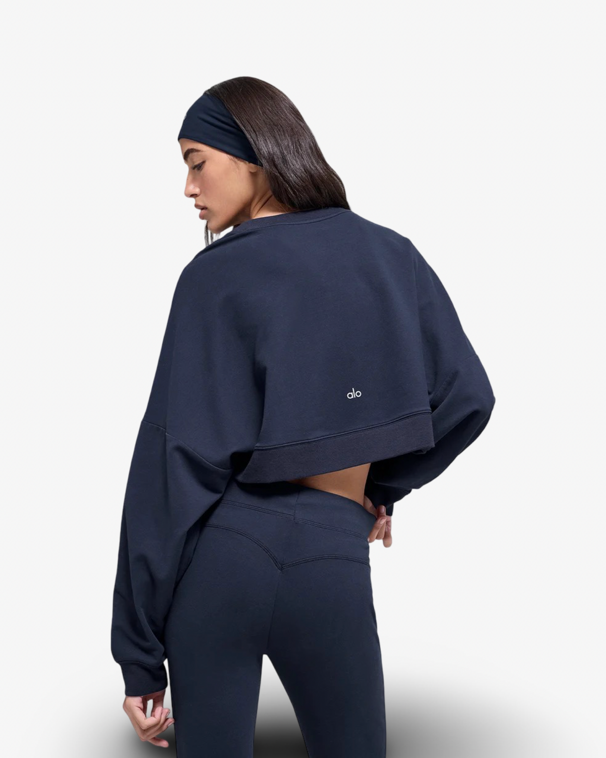 ALO SWAY BOOTCUT SWEATPANT & CROPPED CREWNECK SET IN NAVY