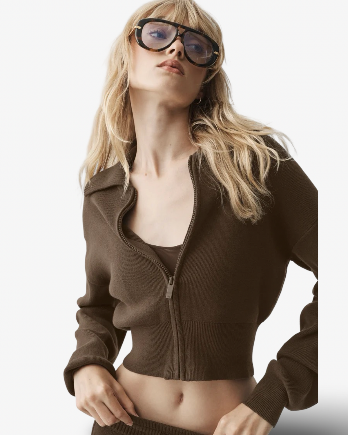 ALO SCHOLAR KNIT CROPPED FULL ZIP JACKET IN ESPRESSO