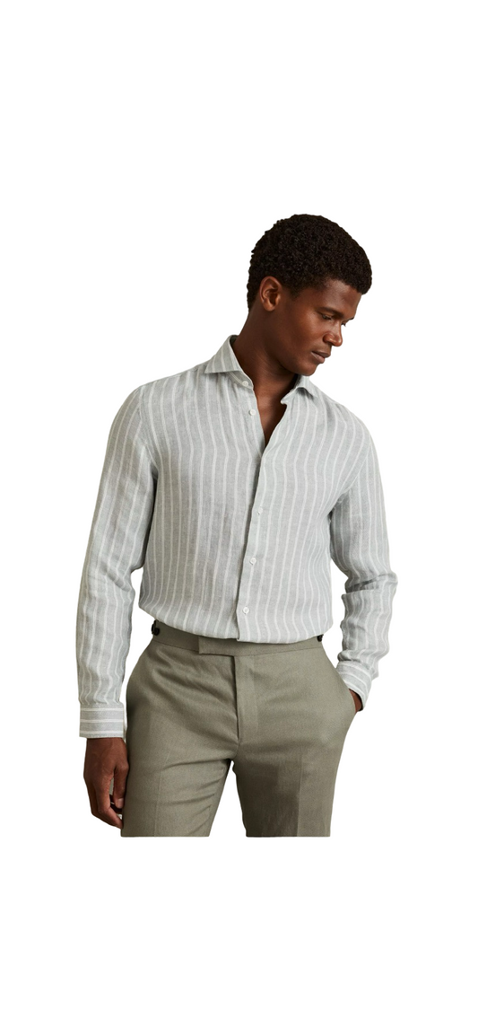 REISS RUBAN STRIPED LINEN SHIRT SAGE/WHITE