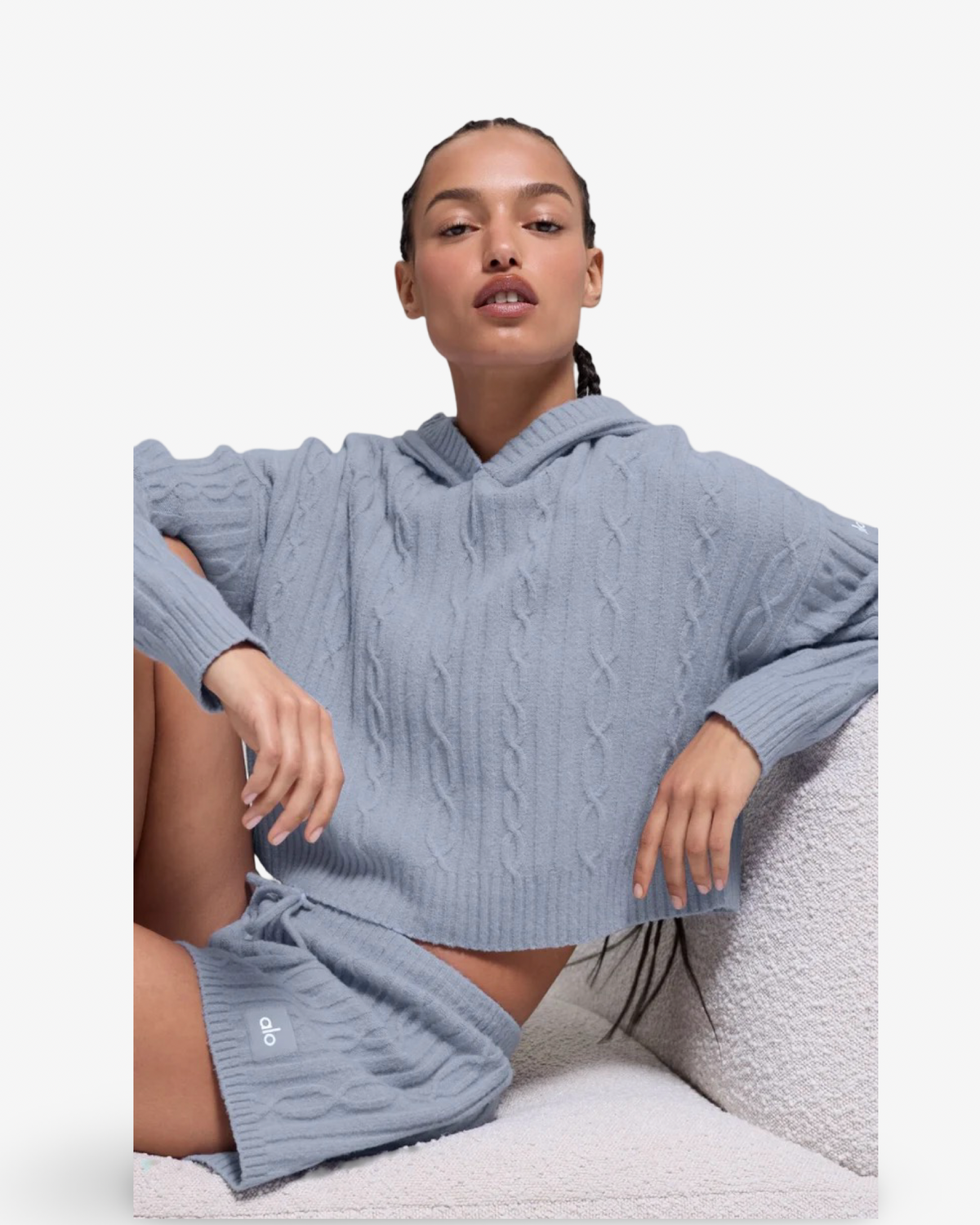 ALO CABLE KNIT WINTER BLISS HOODIE IN WINTER FROST