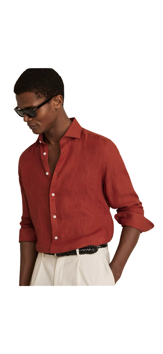 REISS RUBAN LINEN REGULAR FIT SHIRT MID RED