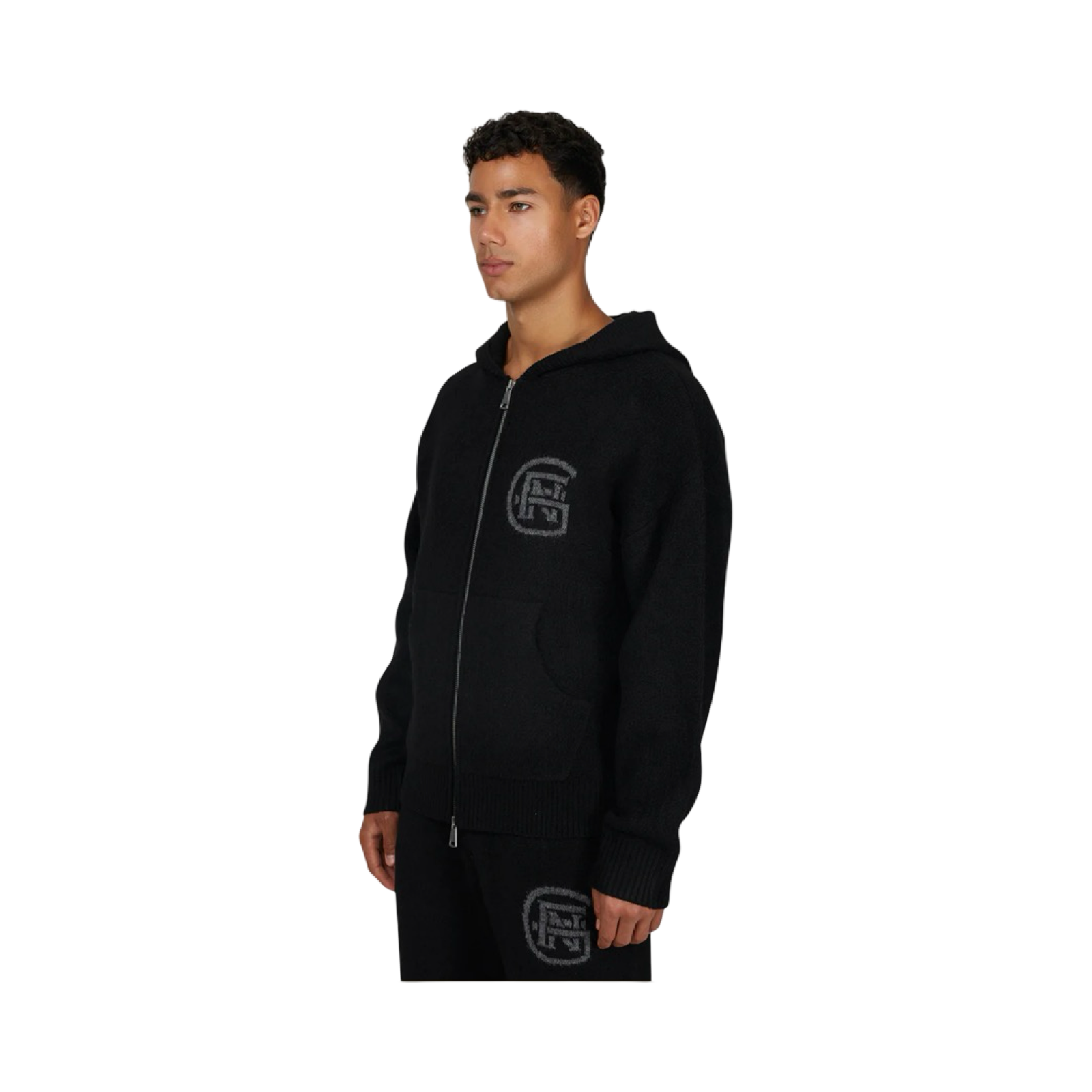 GFN MONOGRAM FLUFFY KNIT BLACK ZIP HOODIE