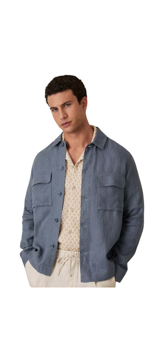 REISS EZE LINEN OVERSHIRT AIRFORCE BLUE