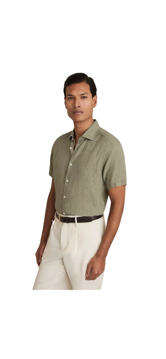 REISS HOLIDAY LINEN REGULAR FIT SHIRT THIME GREEN