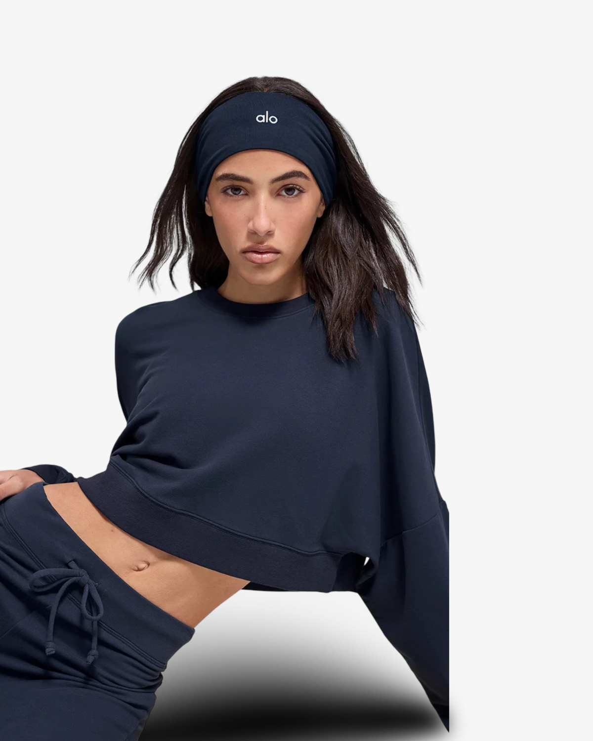 ALO SWAY BOOTCUT SWEATPANT & CROPPED CREWNECK SET IN NAVY