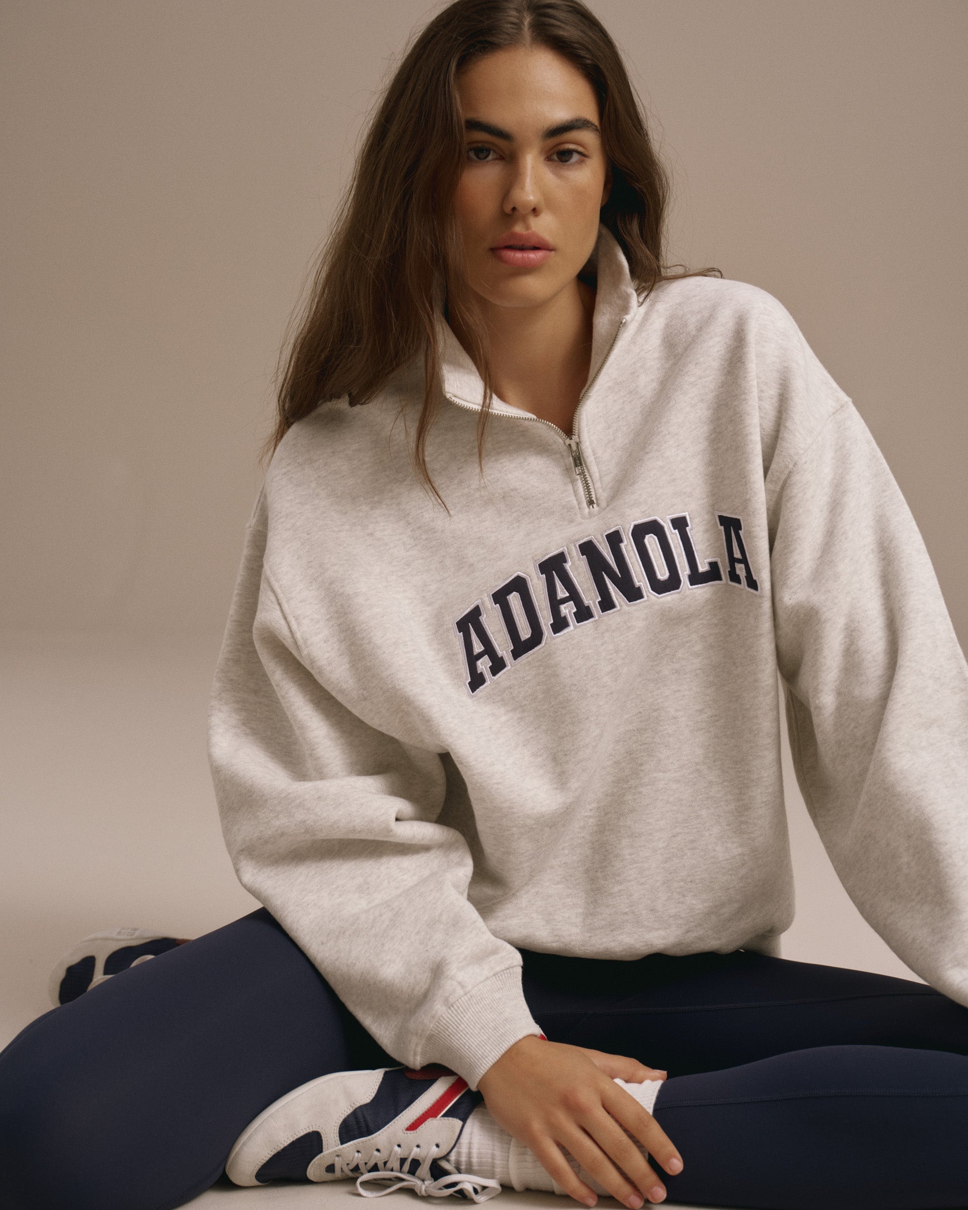 Adanola Varsity Relaxed Funnel Neck Zip Sweatshirt - Light Grey Melange/Navy Blue