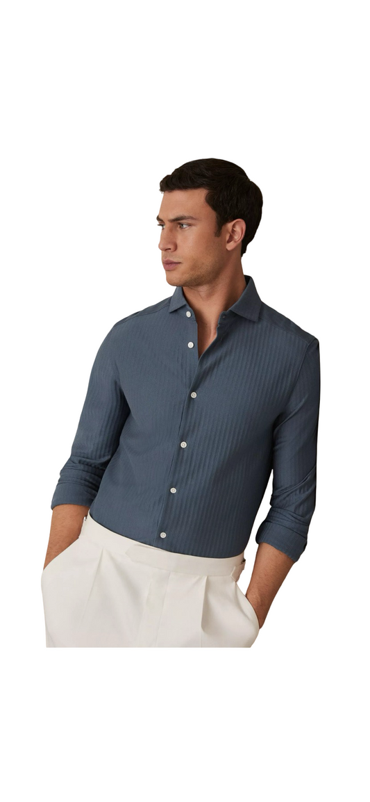 REISS HAYES JACQUARD STRIPE COTTON SHIRT AIRFORCE BLUE