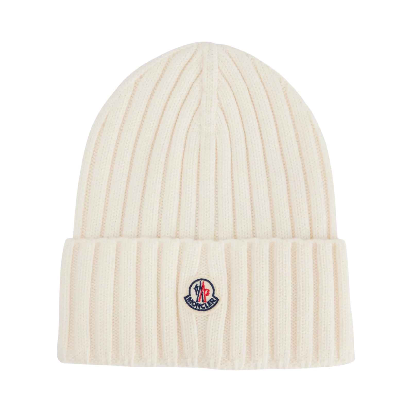 MONCLER BRAND-APPLIQUÉ RIBBED WOOL KNITTED BEANIE CREAM