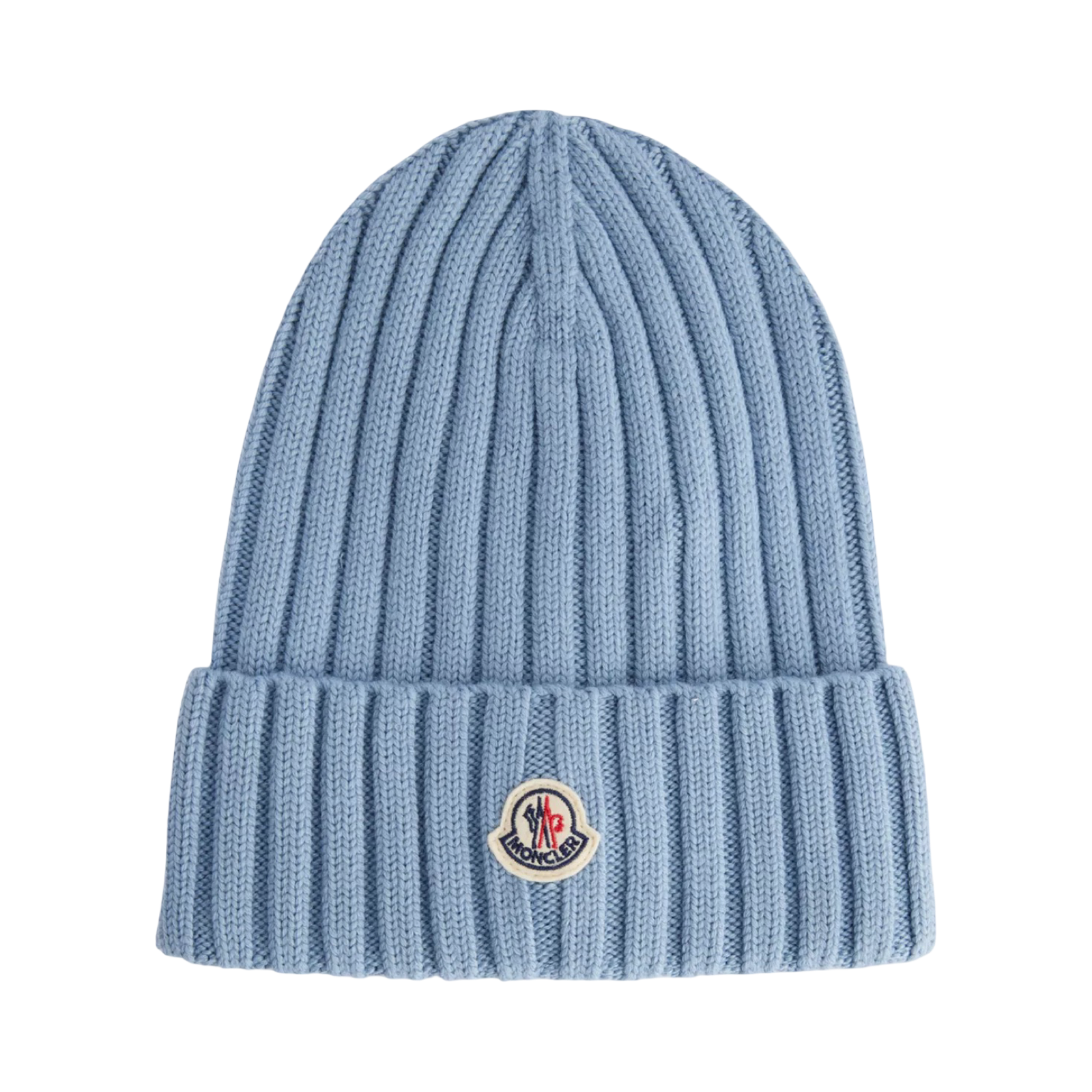 MONCLER BRAND-APPLIQUÉ RIBBED WOOL KNITTED BEANIE BLUE