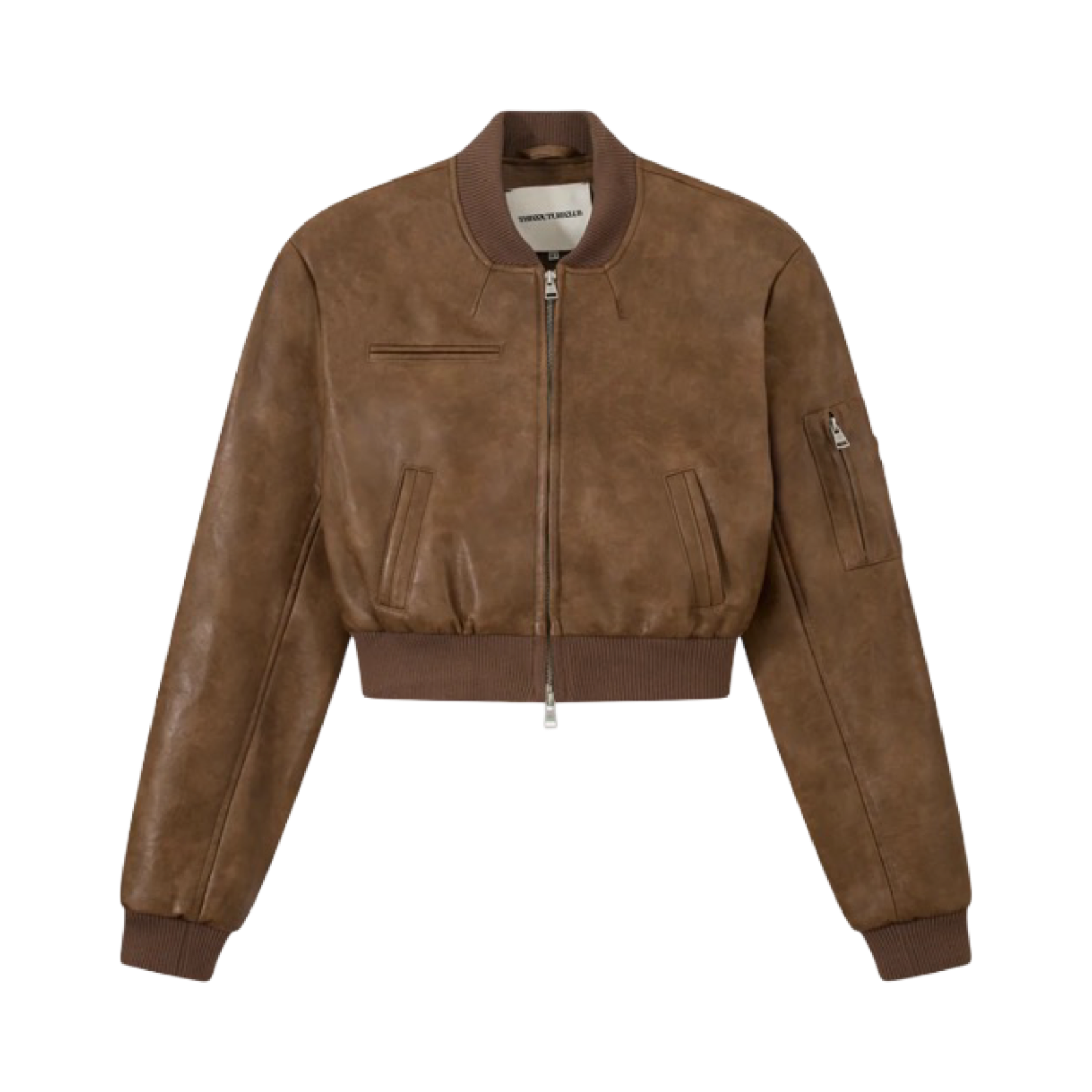 THE COUTURE CLUB FAUX LEATHER SHOULDER PADDED BOMBER JACKET WASHED BROWN