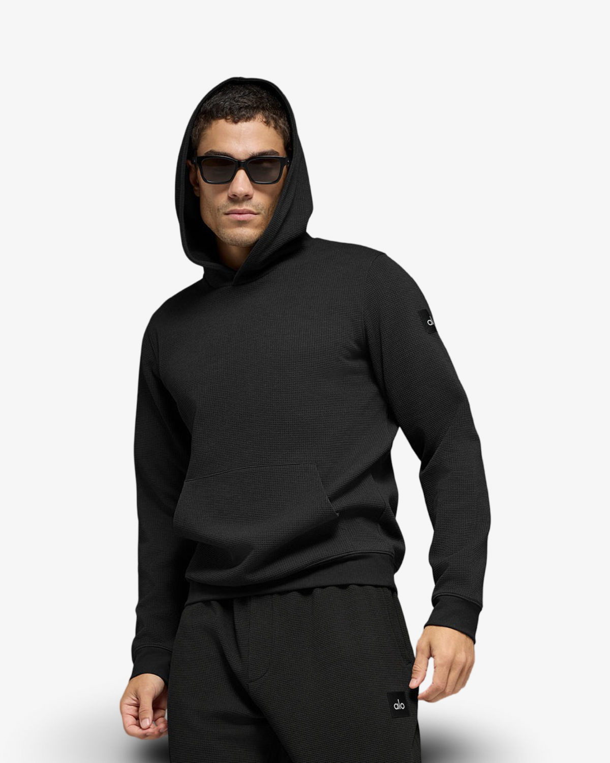 ALO WAFFLE LOUNGE HOODIE &  CUFFED TRACKSUIT IN BLACK