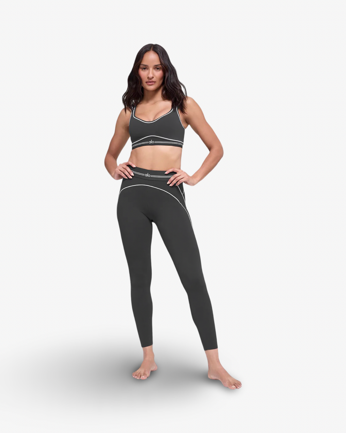 ALO AIRBRUSH HIGH WAIST HEARTTHROB LEGGING & BRA SET IN ANTHRACITE