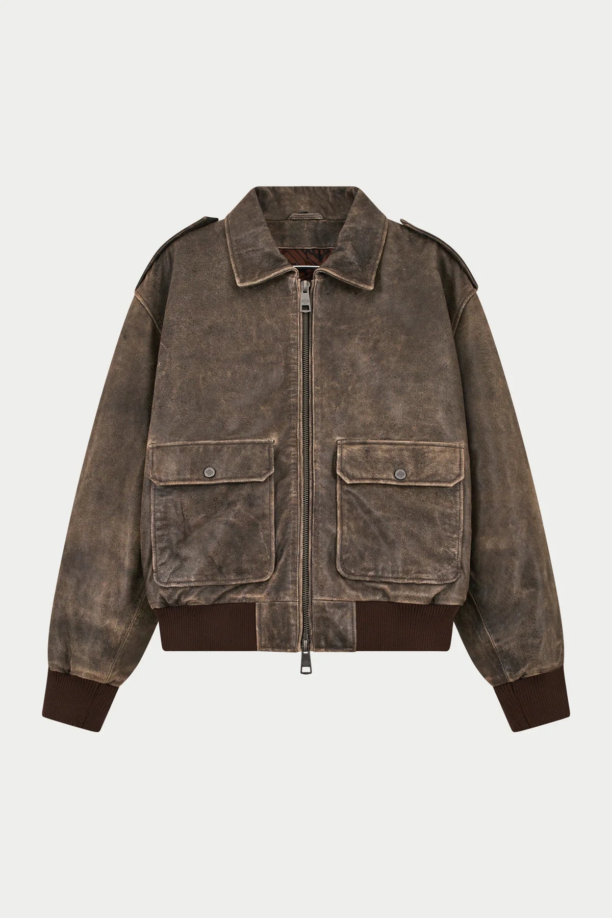 THE COUTURE CLUB DISTRESSED LEATHER BOMBER JACKET