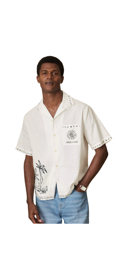 REISS x CHÉ GALERA LINEN REGUALR FIT SKETCH PALM PRINT SHIRT WHITE