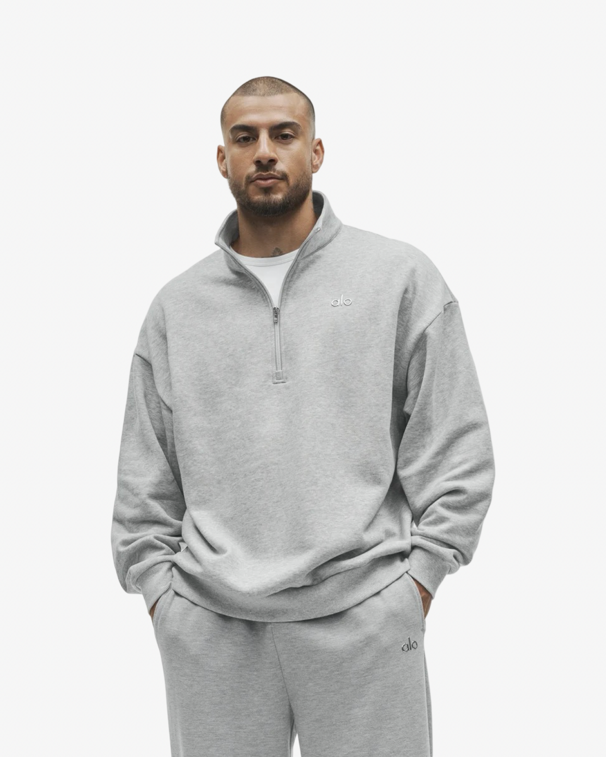 ALO ACCOLADE 1/4 ZIP PULLOVER & JOGGERS IN ATHLETIC HEATHER GREY