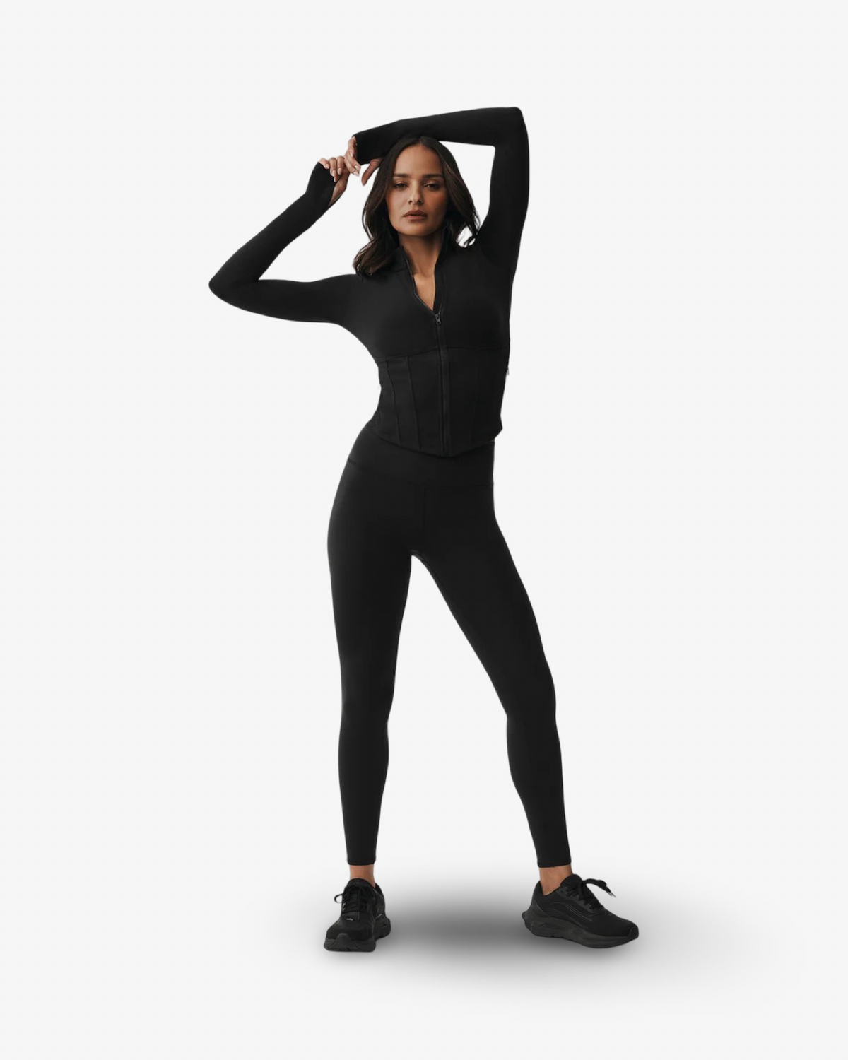 ALO AIRBRUSH FULL ZIP CORSET JACKET AND LEGGINGS SET IN BLACK
