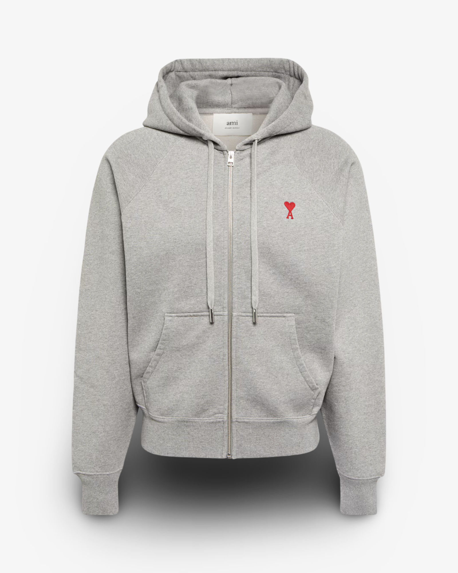 AMI PARIS DE COEUR COTTON JERSEY ZIP-UP HOODIE - GREY