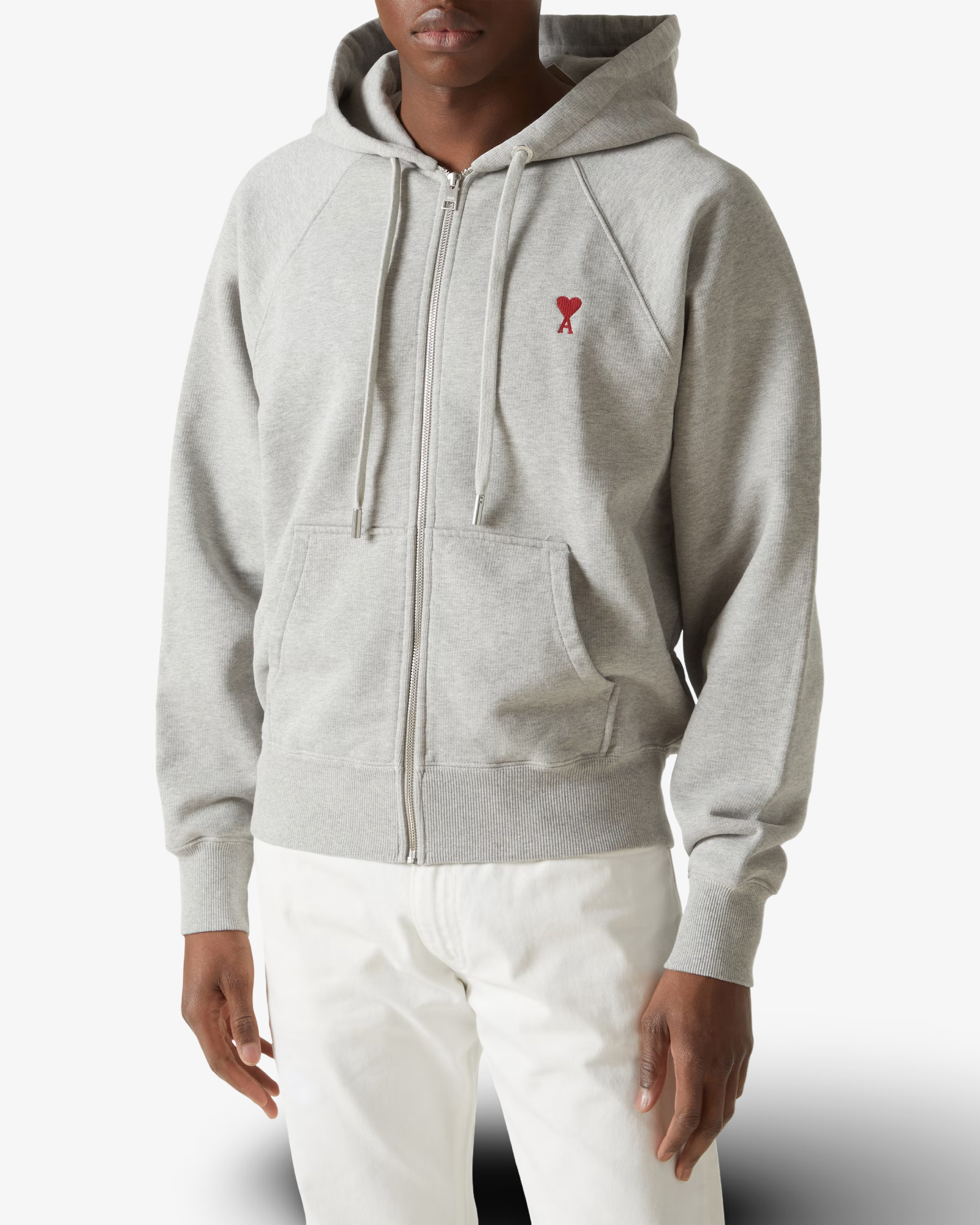 AMI PARIS DE COEUR COTTON JERSEY ZIP-UP HOODIE - GREY