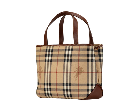 BURBERRY PRE-LOVED HAYMARKET TAN CHECK CANVAS HANDBAG