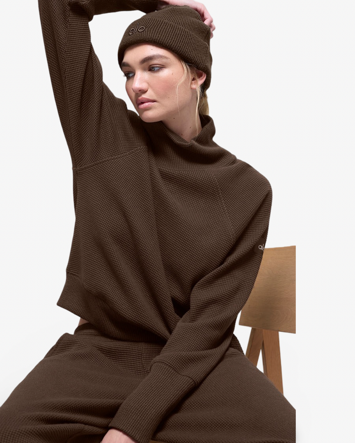 ALO WAFFLE MOCK NECK TRACKSUIT IN ESPRESSO
