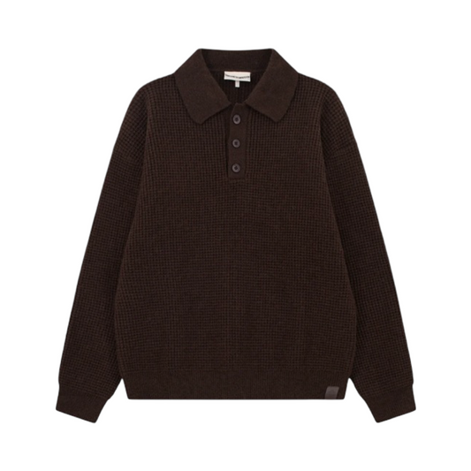 THE COUTURE CLUB WAFFLE KNIT LONG SLEEVE POLO BROWN