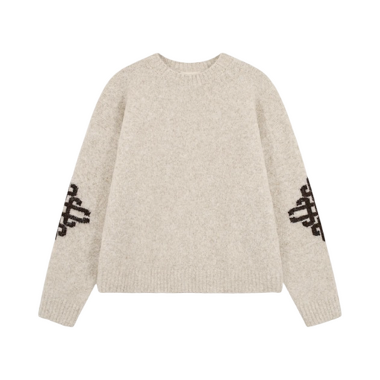 THE COUTURE CLUB BRUSHED EMBLEM SLEEVE KNITTED CREW BEIGE