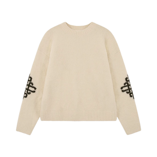 THE COUTURE CLUB BRUSHED EMBLEM SLEEVE KNITTED CREW OFF WHITE