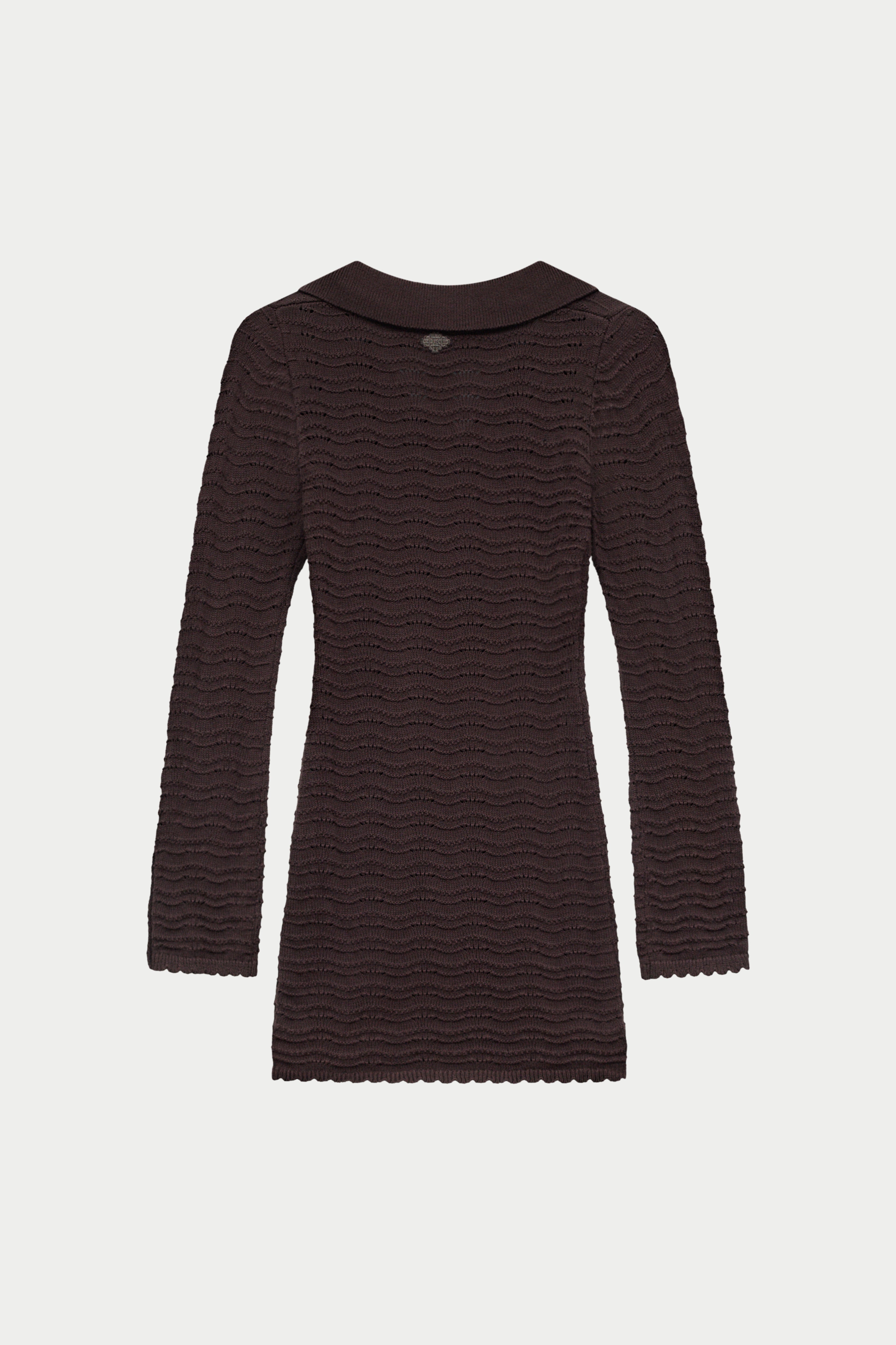OPEN COLLAR CROCHET KNIT MINI DRESS - CHOCOLATE