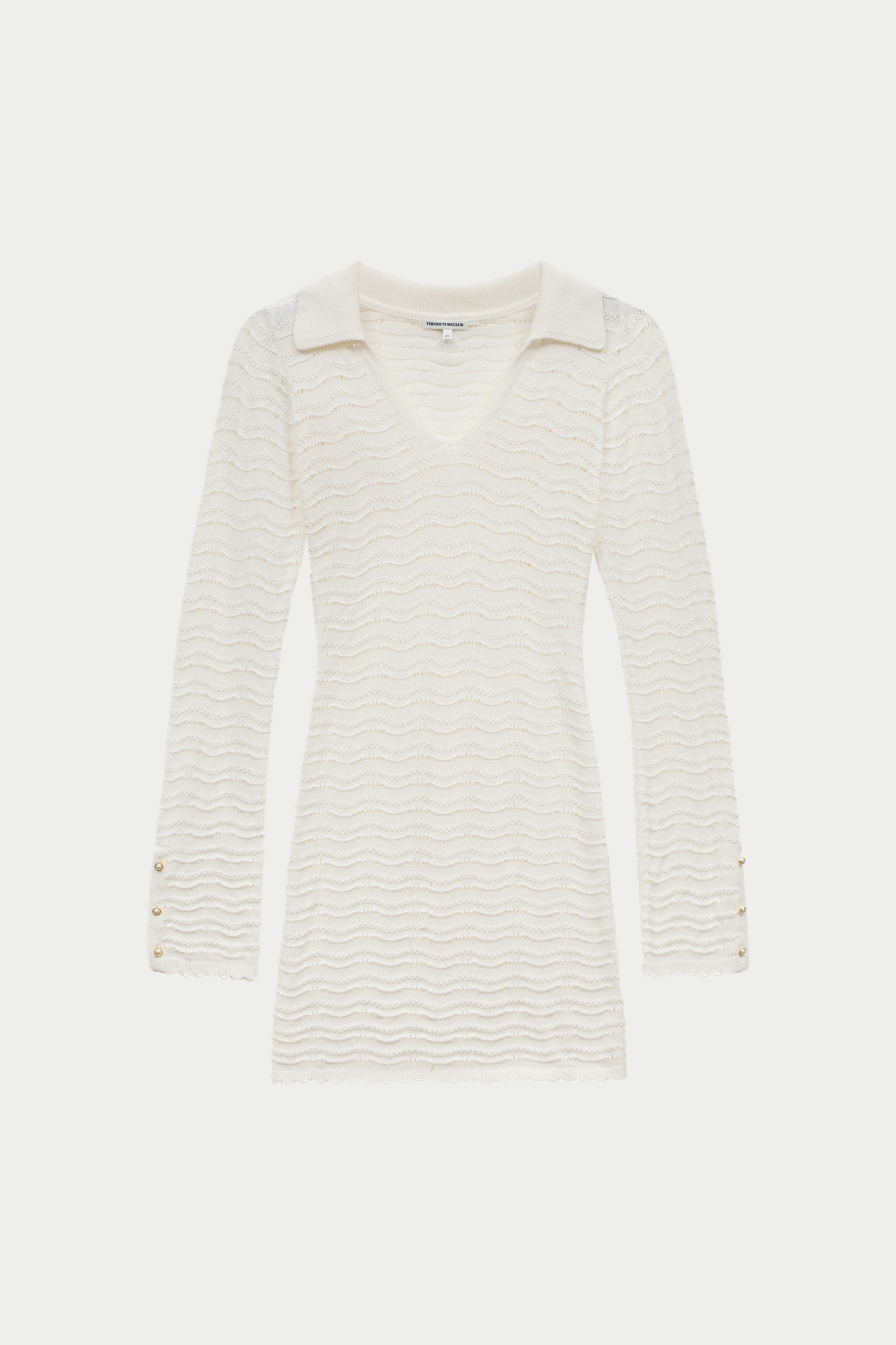 OPEN COLLAR CROCHET KNIT MINI DRESS - OFF WHITE